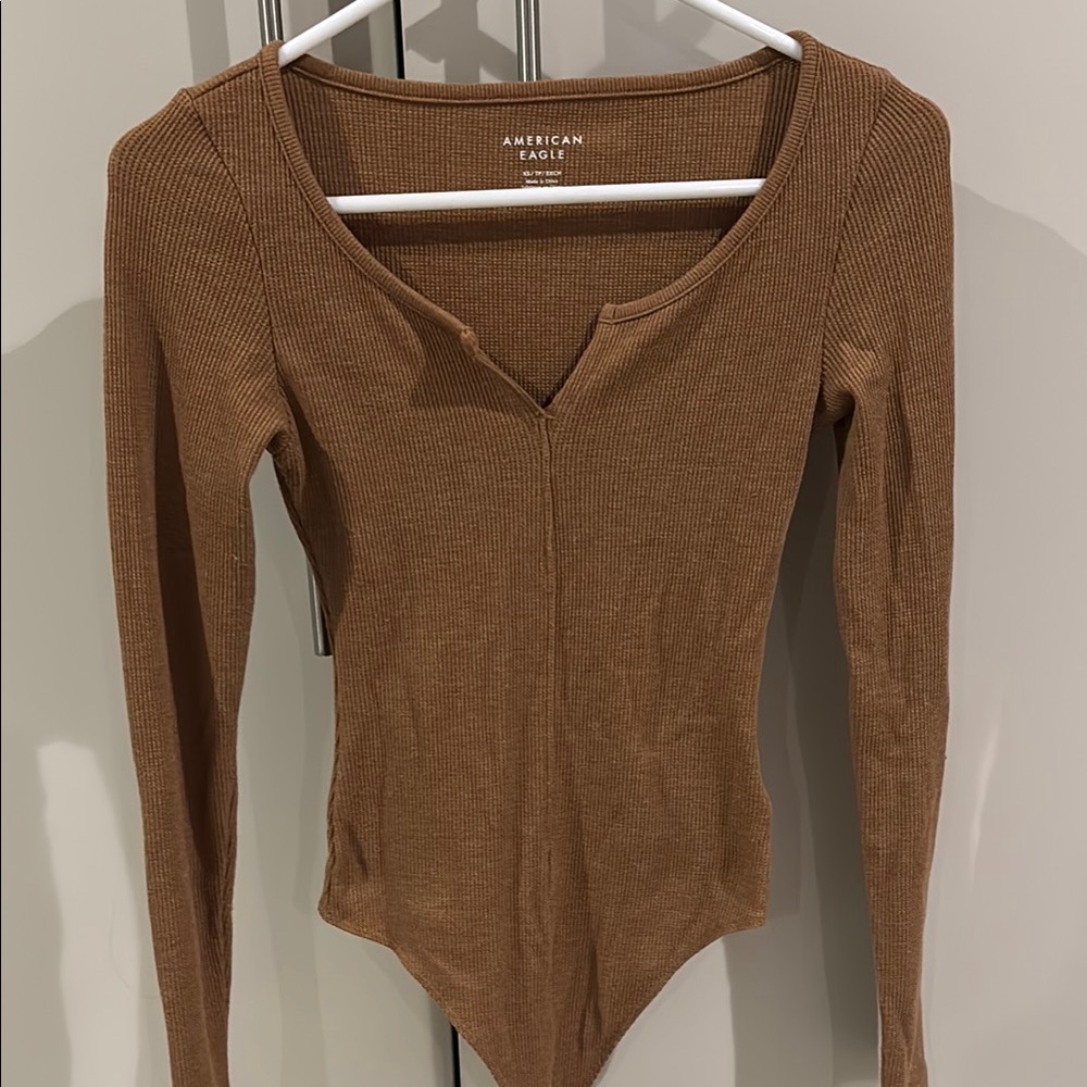 American Eagle Outfitters Brown Asymmetrical Long Sleeve Bodysuit